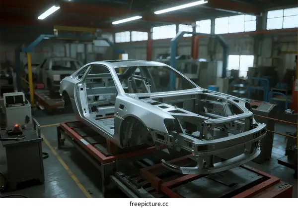 Car Body Frame Being Assembled on Production Line in Factory
