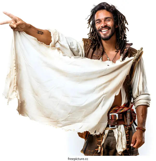 Smiling man holding a blank white fabric