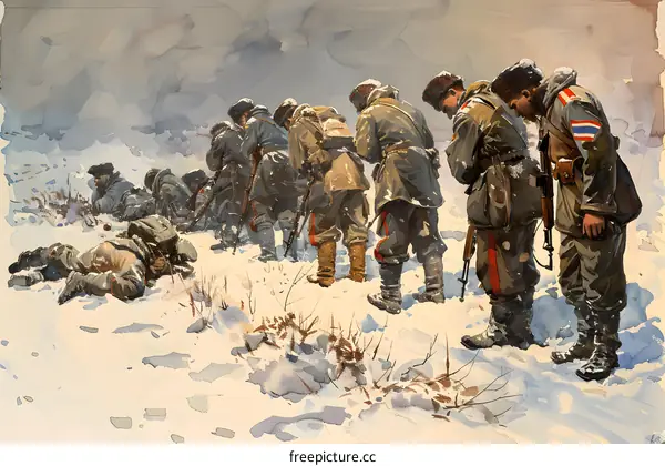 A group of soldiers in winter gear standing in the snow.