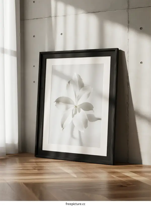 Elegant White Lily Flower in Black Frame on Wooden Floor