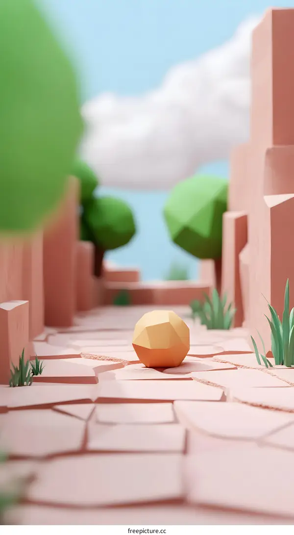 Low Poly Geometric Abstract Background with Orange Ball