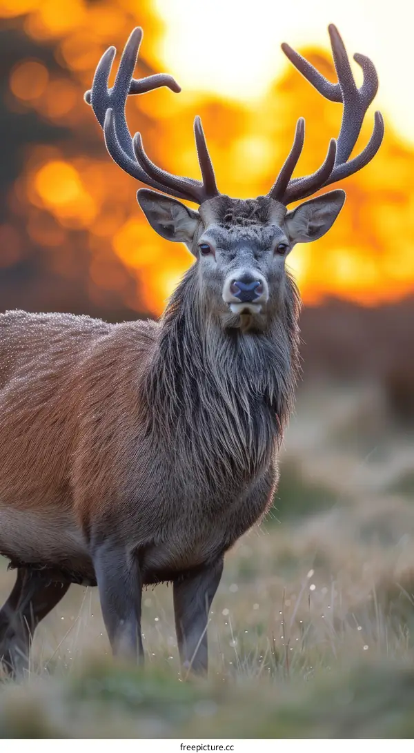 A majestic red deer stag stands in the field at sunset