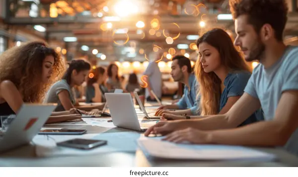A group of young professionals working together in a modern office space