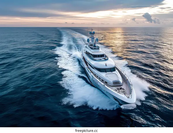A white yacht is cruising on the sea with a beautiful sunset in the background