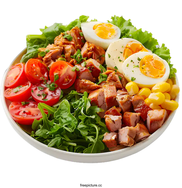 [Transparent Background PNG]Fresh salad with chicken, eggs, tomatoes and corn