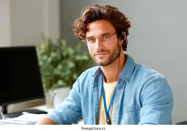 Businessman Wearing Headset at the Office Desk