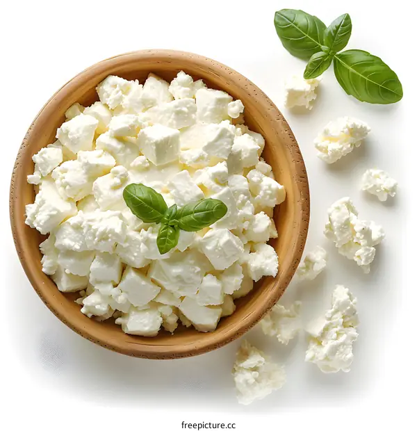 Top view of fresh feta cheese in wooden bowl with basil leaves