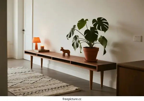 Cozy indoor space with wooden shelf and monstera plant
