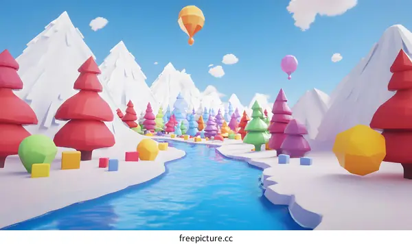 Low Poly Colorful Winter Mountain Landscape With River
