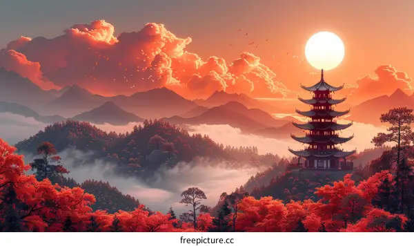 Traditional Pagoda Surrounded by Mountains and Red Trees at Sunset