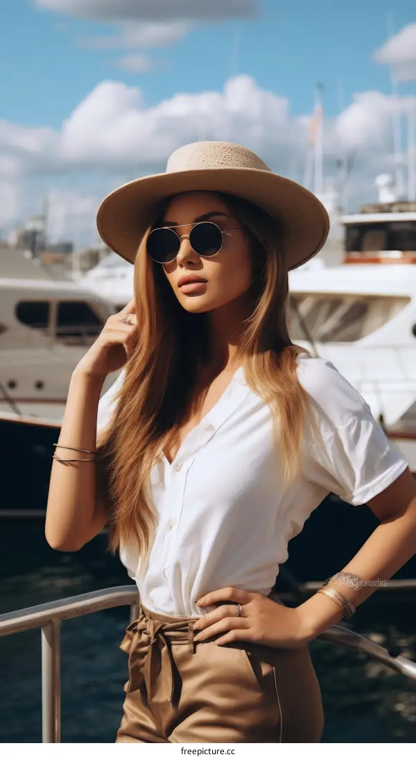 Fashion model with long blond hair wearing a stylish summer outfit and hat posing on a luxury yacht