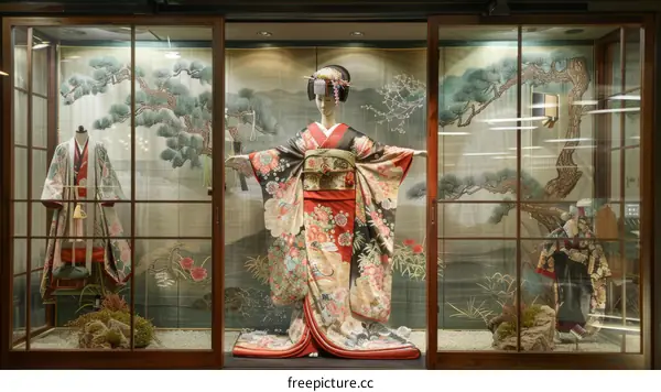 A Japanese woman wearing a kimono is displayed in a shop window.