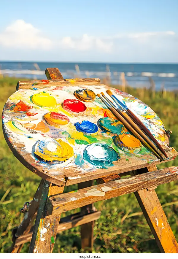 Colorful Paint Palette on Wooden Easel Near Sea