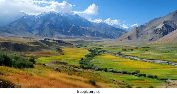 Mountains and farmlands in Xinjiang, China