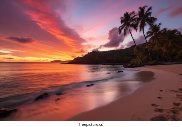 Beach at sunset with palm trees