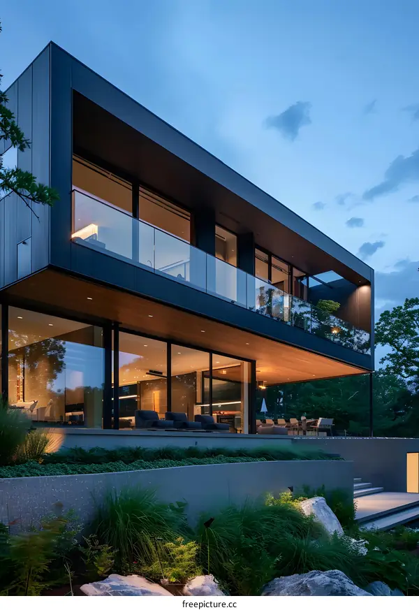 Modern House Exterior With Glass Balcony and Patio