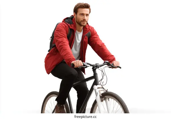 A young man wearing a red jacket riding a black bicycle
