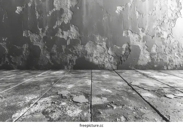 Black and white grunge background with concrete wall and wooden floor texture