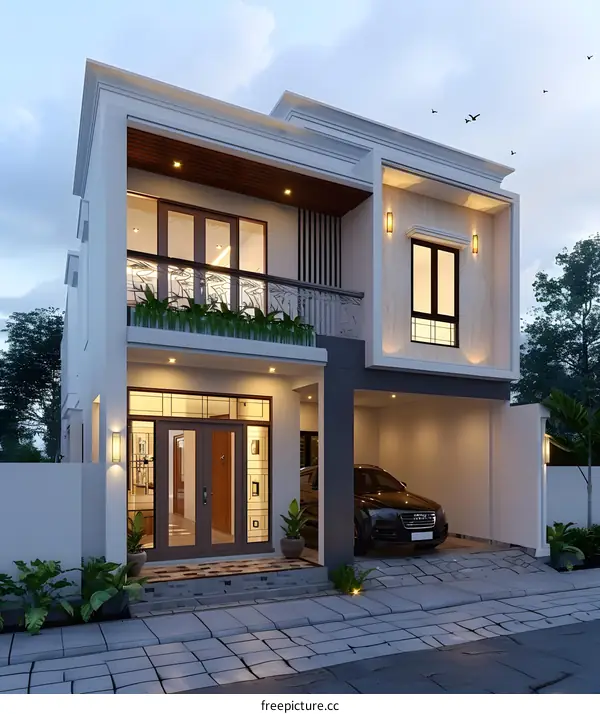 Modern Two Story House with Garage and Balcony