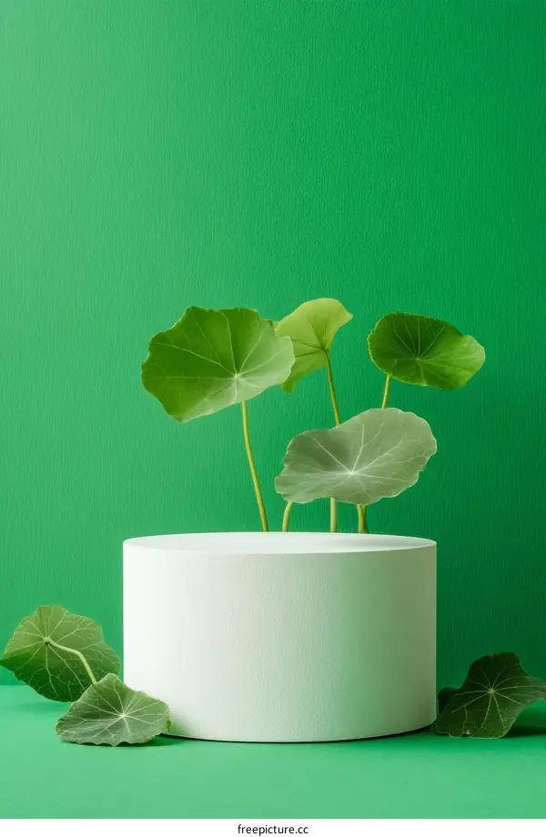 Green Background with White Cylinder and Plants