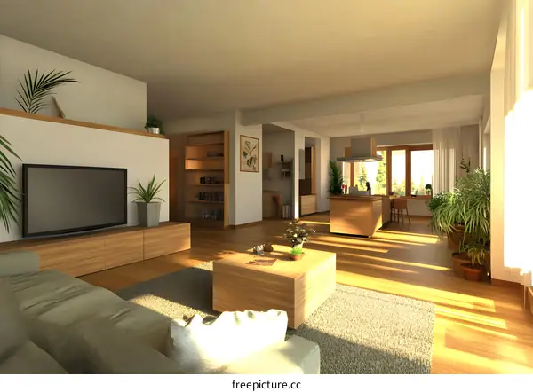 Modern Living Room with Kitchen and Large Windows