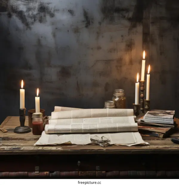 Vintage rolled up newspaper and burning candles on a wooden table