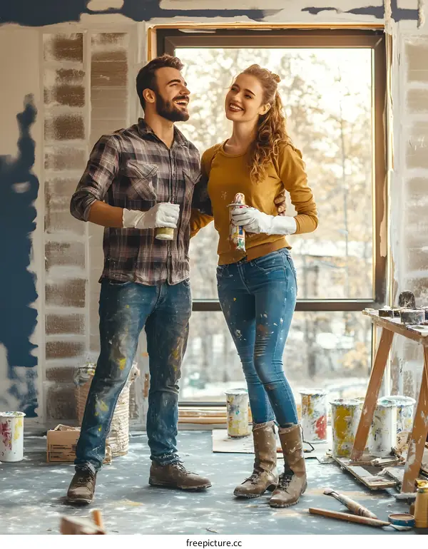 Happy Couple Painting Together In New Home Renovation