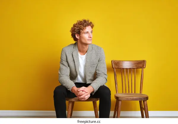 Caucasian Man Waiting on a Yellow Background