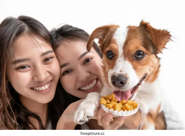 Two Asian women are feeding a dog