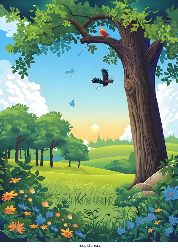 Green Meadow Landscape with Birds and Flowers