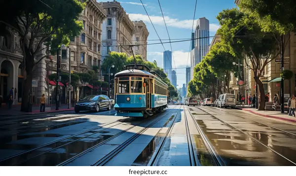 Vintage Tram in City Street with People and Cars