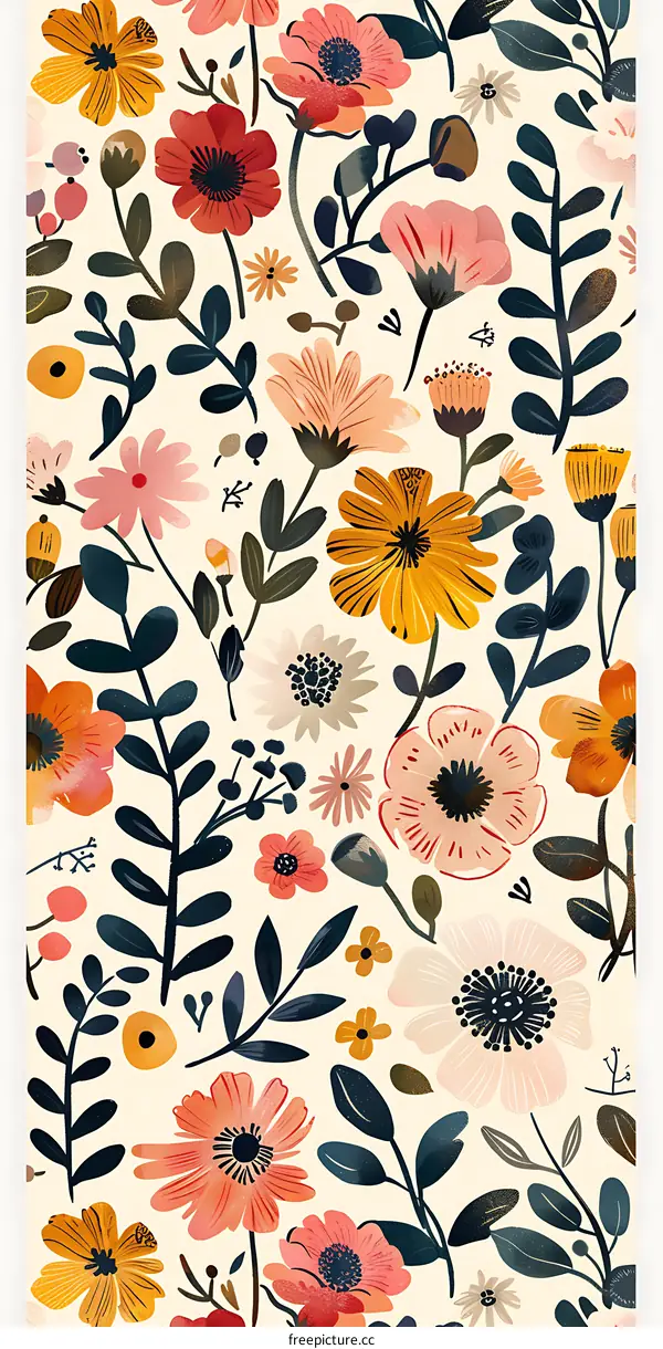 Floral Pattern with Yellow, Red, and Pink Flowers