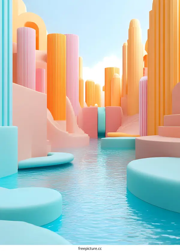 Abstract 3D Rendering of a Surreal Cityscape With Pastel Colors