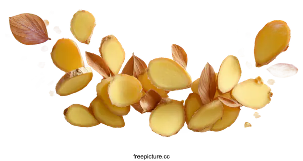 [Transparent Background PNG]Sliced Ginger with Dry Leaves