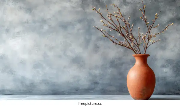 Terracotta Vase with Spring Branches Against a Textured Wall