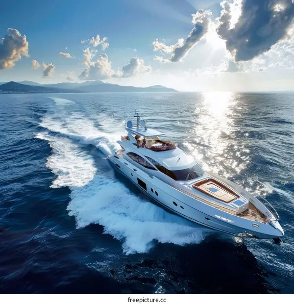 A white yacht is cruising on the sea with the sun shining on the waves