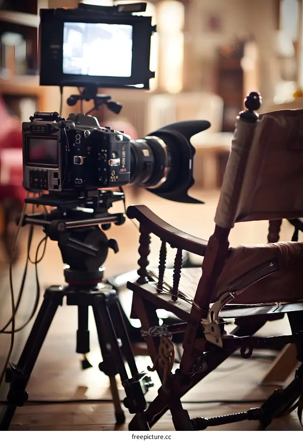 Professional Camera On Tripod In Front of Wooden Chair