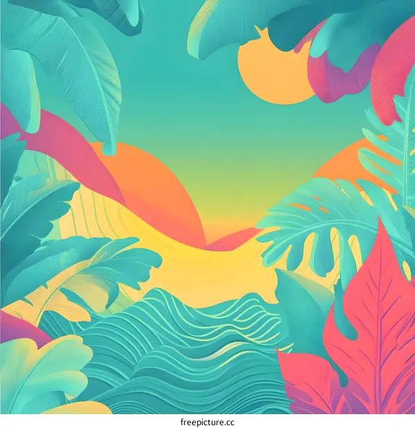 Tropical Summer Landscape with Abstract Green Hills and Palm Leaves