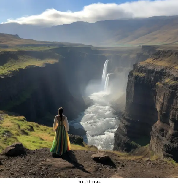 Woman in a colorful dress standing on a cliff overlooking a waterfall in Iceland
