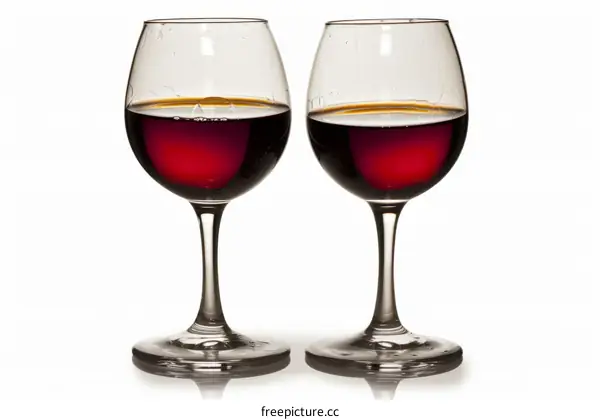 Two glasses of red wine on a white background