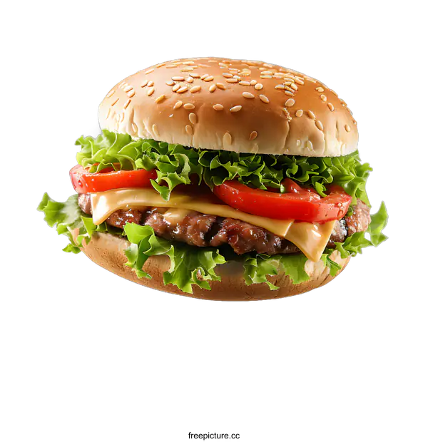 [Transparent Background PNG]A cheeseburger with lettuce and tomato on a sesame seed bun