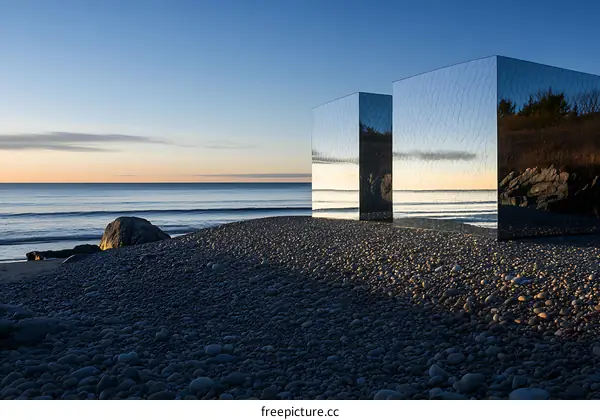 Mirrored Cubes on a Pebble Beach at Sunset