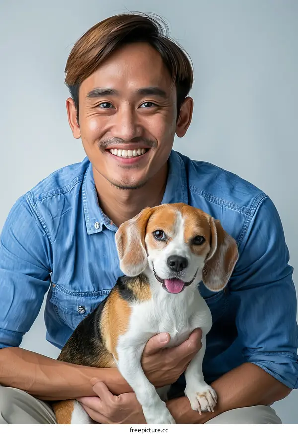A smiling Asian man and his beagle dog
