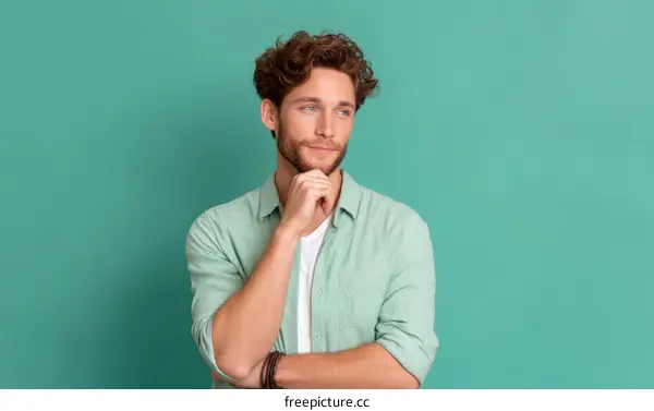 Caucasian Man in Light Green Shirt Thinking