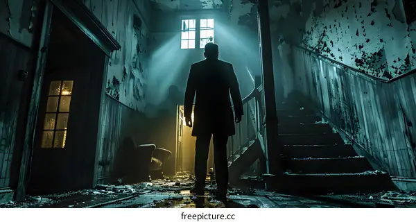 man in suit standing in dark room with bright light coming from window