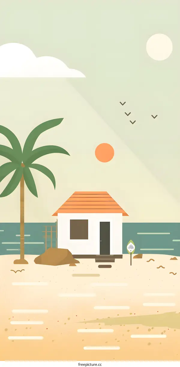 Minimalist Beach House Illustration with Palm Tree