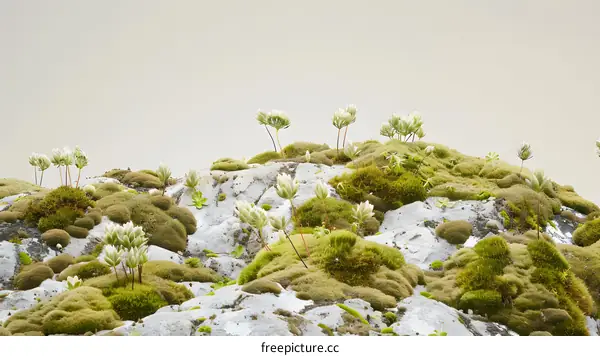 Green Moss and White Flowers on a Stone Hill