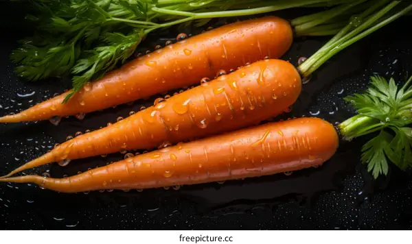 Fresh carrots with green leaves on a black background