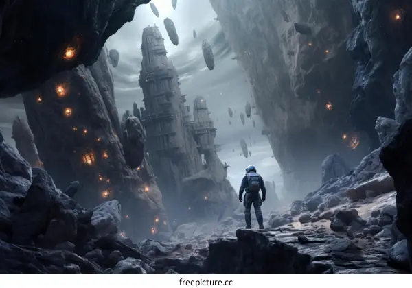 An astronaut on an alien planet looks up at a floating city