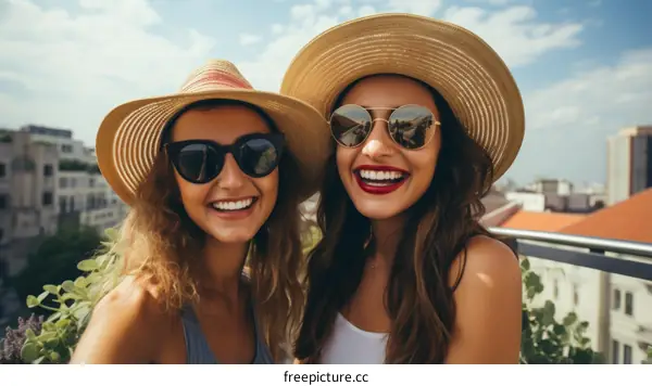 Two young women wearing sunglasses and straw hats are smiling and posing for a photo.